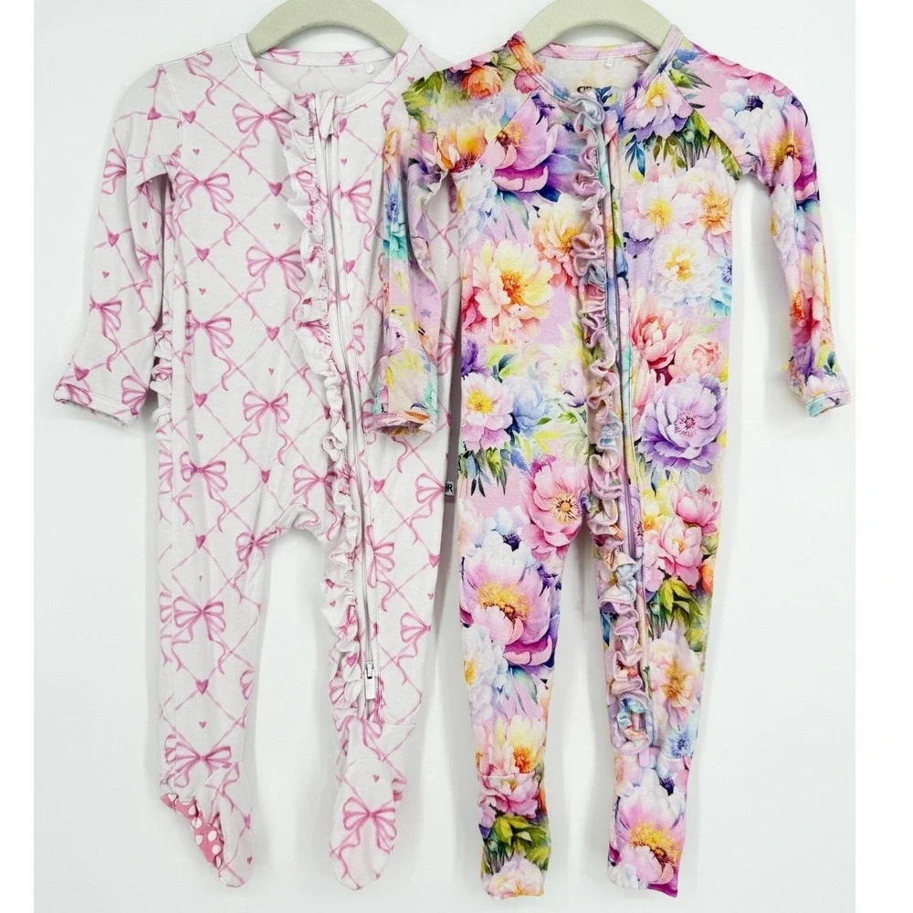 Lot 2 Bums & Roses Bamboo Ruffle‎ Romper Sleeper Pajamas Footie 3-6 Months